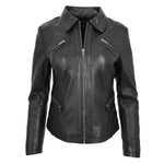 Womens Classic Leather Biker Zip Box Jacket Nova Black