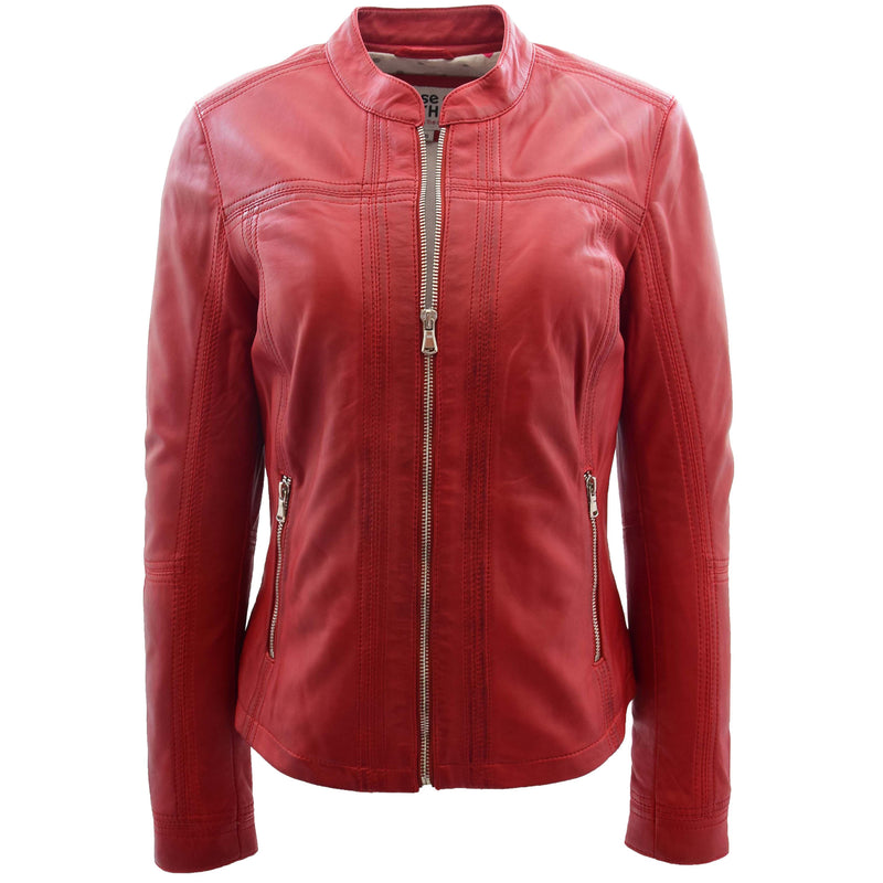 Womens Leather Classic Biker Style Jacket Tayla Red