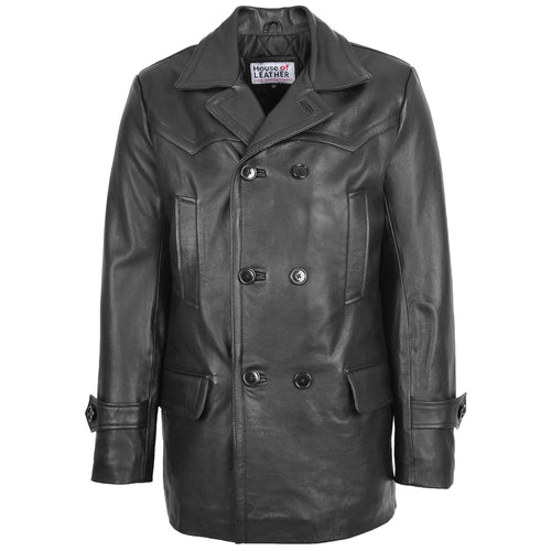 Mens Double Breasted Leather Peacoat Salcombe Black
