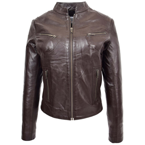 Womens Leather Standing Collar Jacket Becky Brown