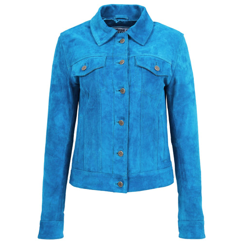 Womens Soft Suede Trucker Style Jacket Alma Turquoise