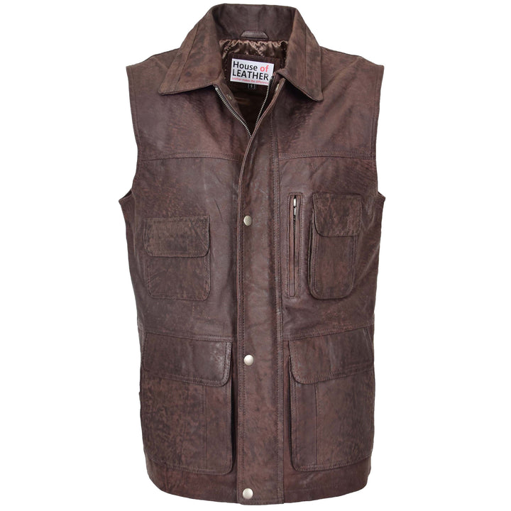 Mens Leather Multi Purpose Gilet Roger Brown