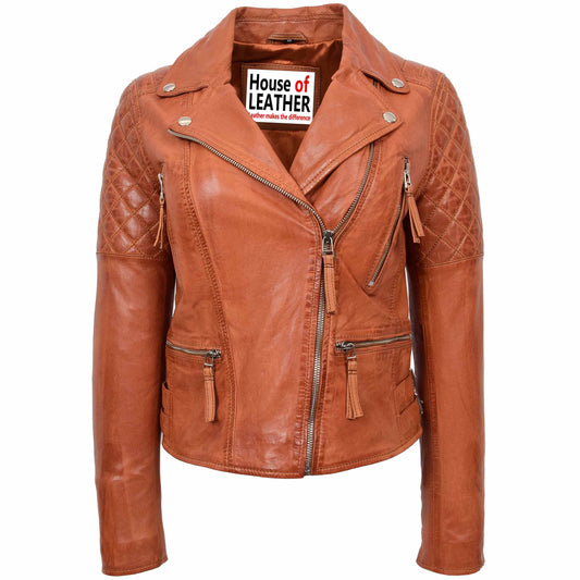 Womens Cross Zip Biker Leather Jacket Claudia Cognac