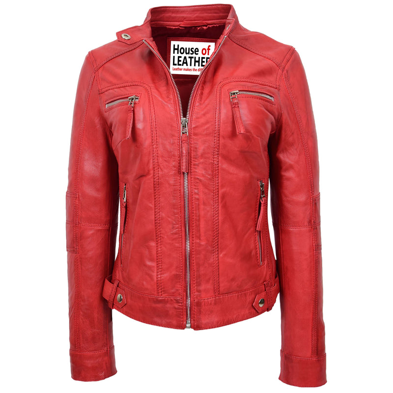 Womens Real Leather Biker Jacket Casual Style Annie Red