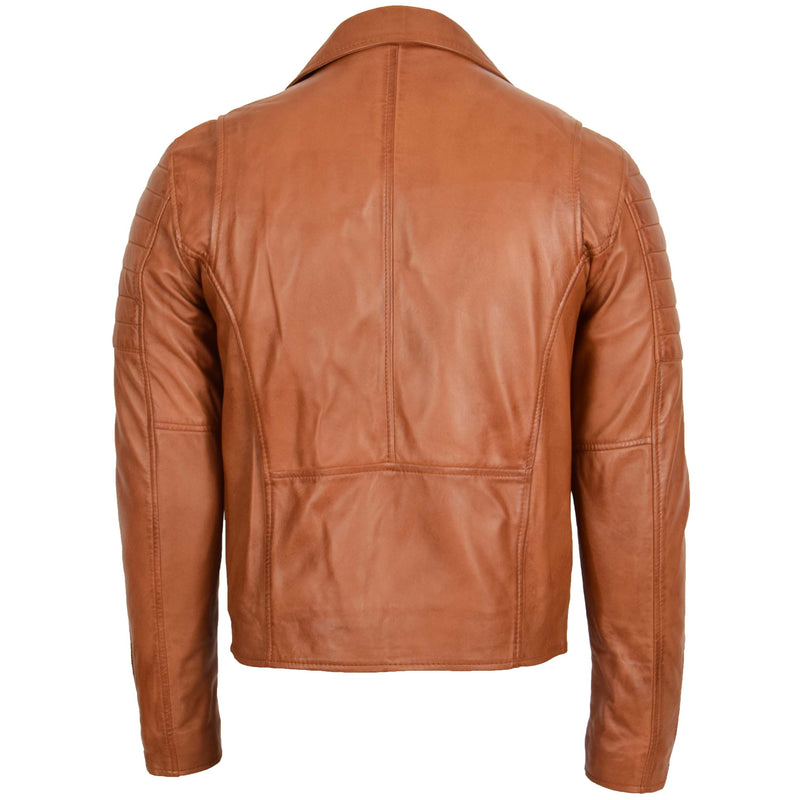 Mens Biker Leather Jacket Dual Zip Hook Tan 1