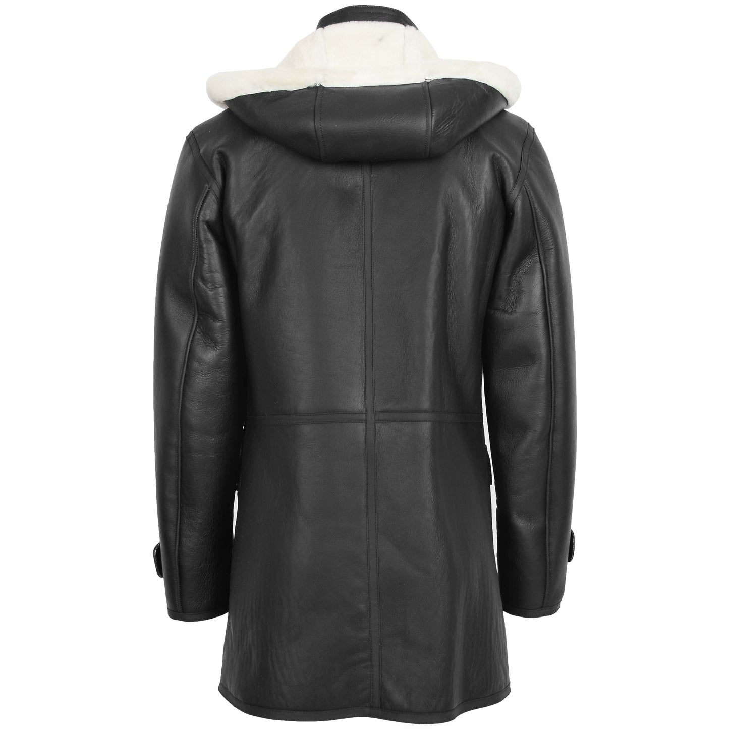 Mens Real Sheepskin Duffle Hooded Coat Vincent Black White 1