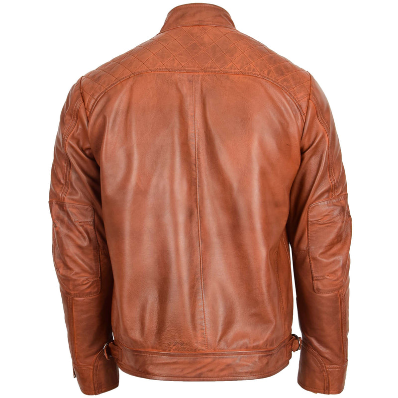 Mens Biker Leather Jacket Standing Collar Bowie Cognac Tan 1