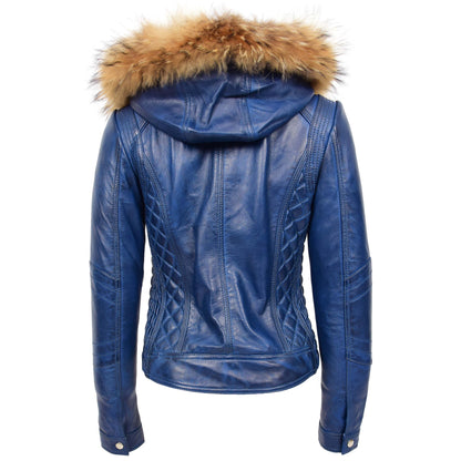 Womens Detachable Hoodie Biker Leather Jacket Lily Blue 1