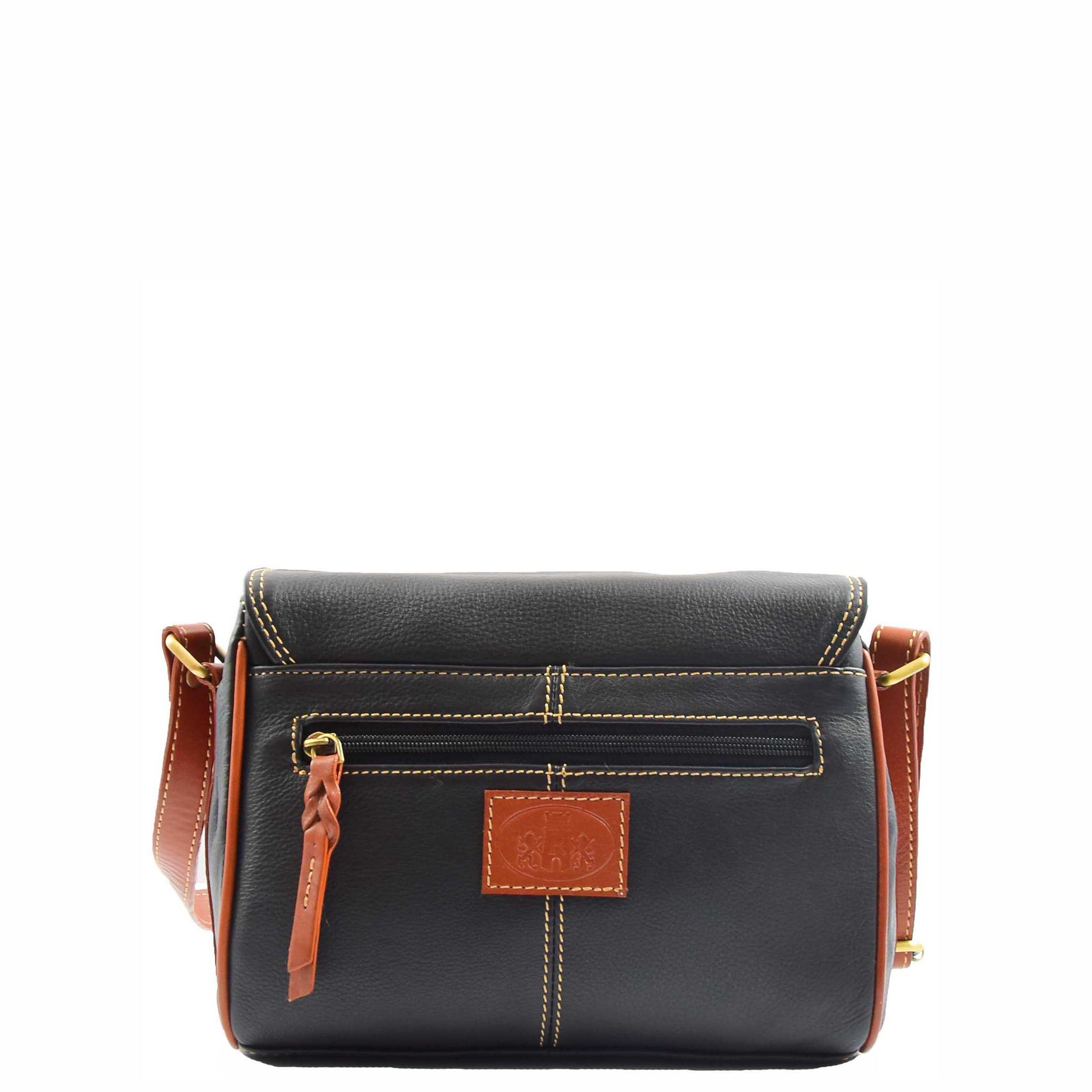 Women Genuine Leather Crossbody Bag Satchel Saddle HANNAH Black/Tan 5