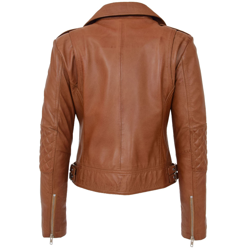 Womens Real Leather Biker Cross Zip Fashion Jacket Remi Tan 1