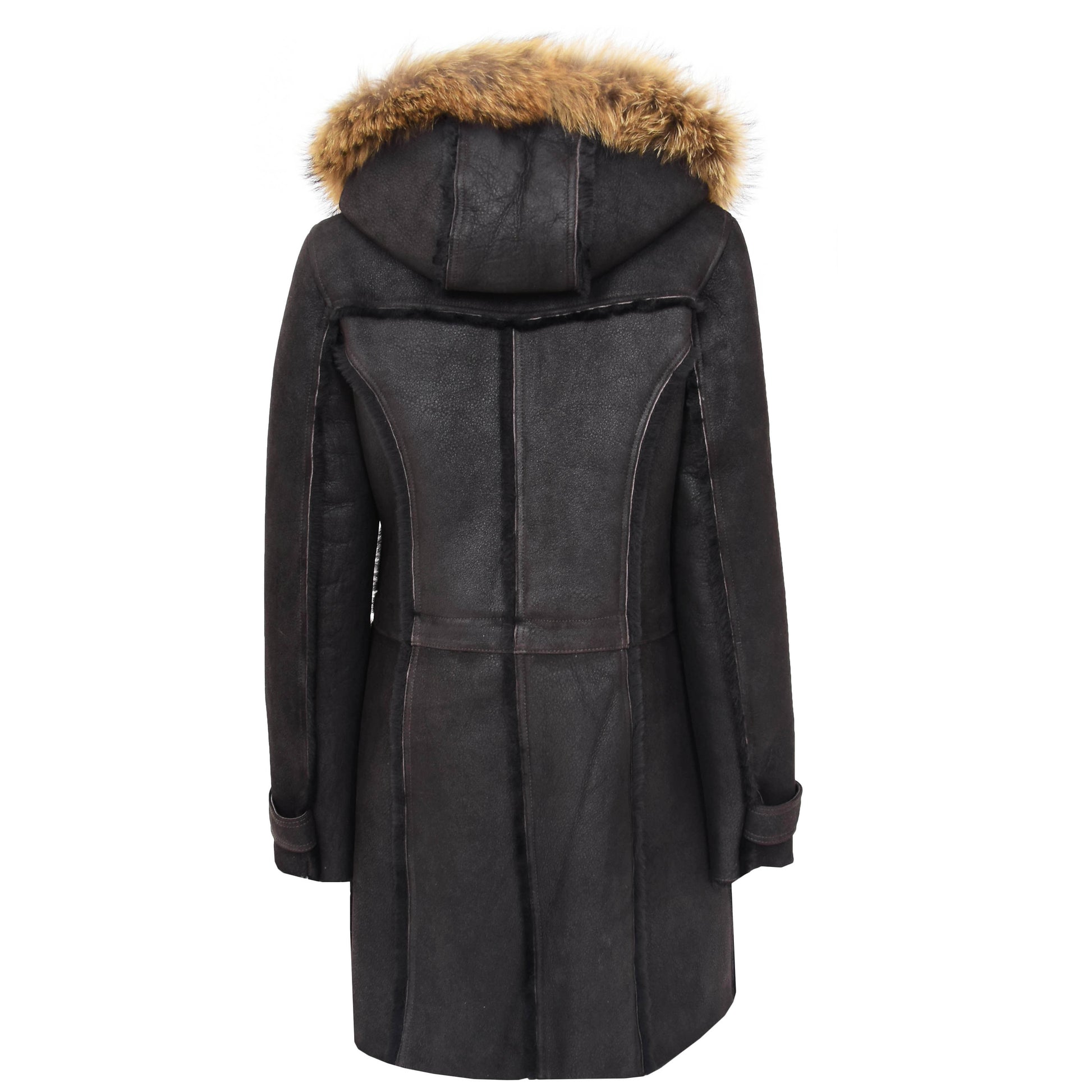 Womens Sheepskin Duffle Coat 3/4 Length Parka Beth Dark Brown 1