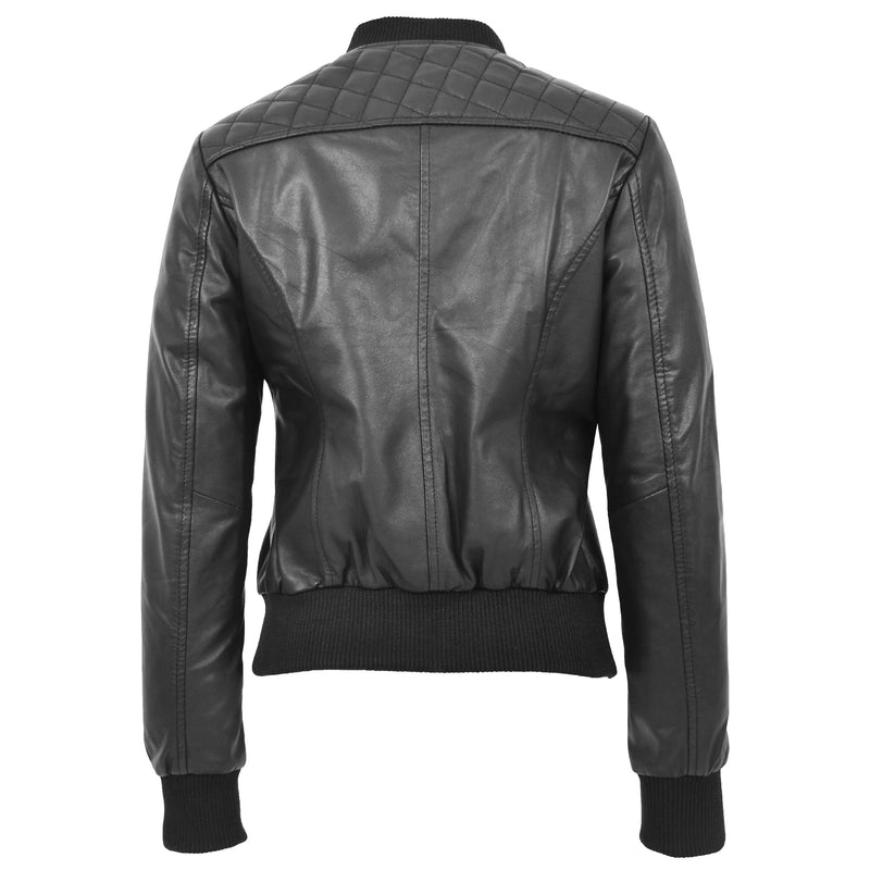 Womens Leather Varsity Quilted Bomber Jacket Sally Black 1