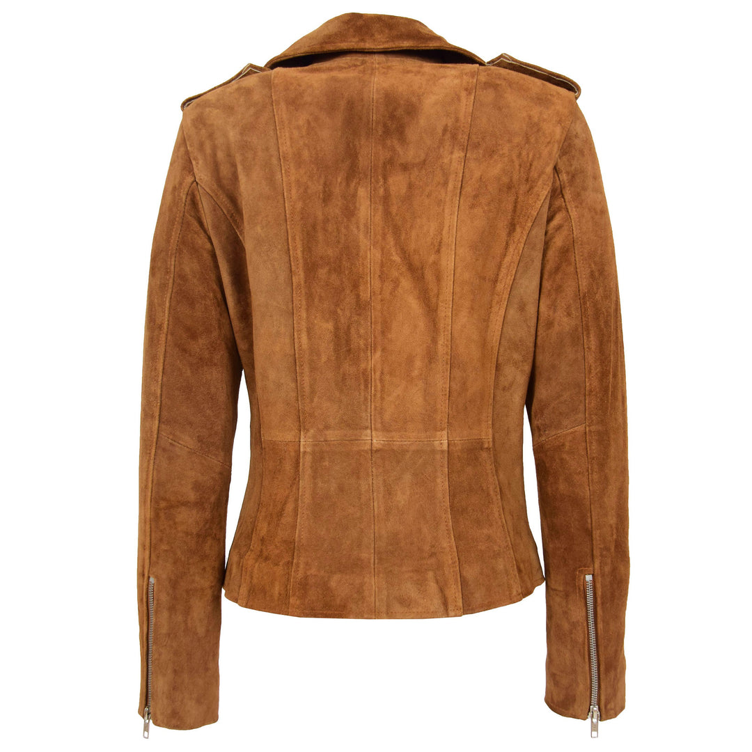 Womens Suede Biker Style Zip Jacket Skylar Tan 1