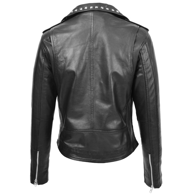Womens Leather Studded Brando Style Jacket Salma Black 1