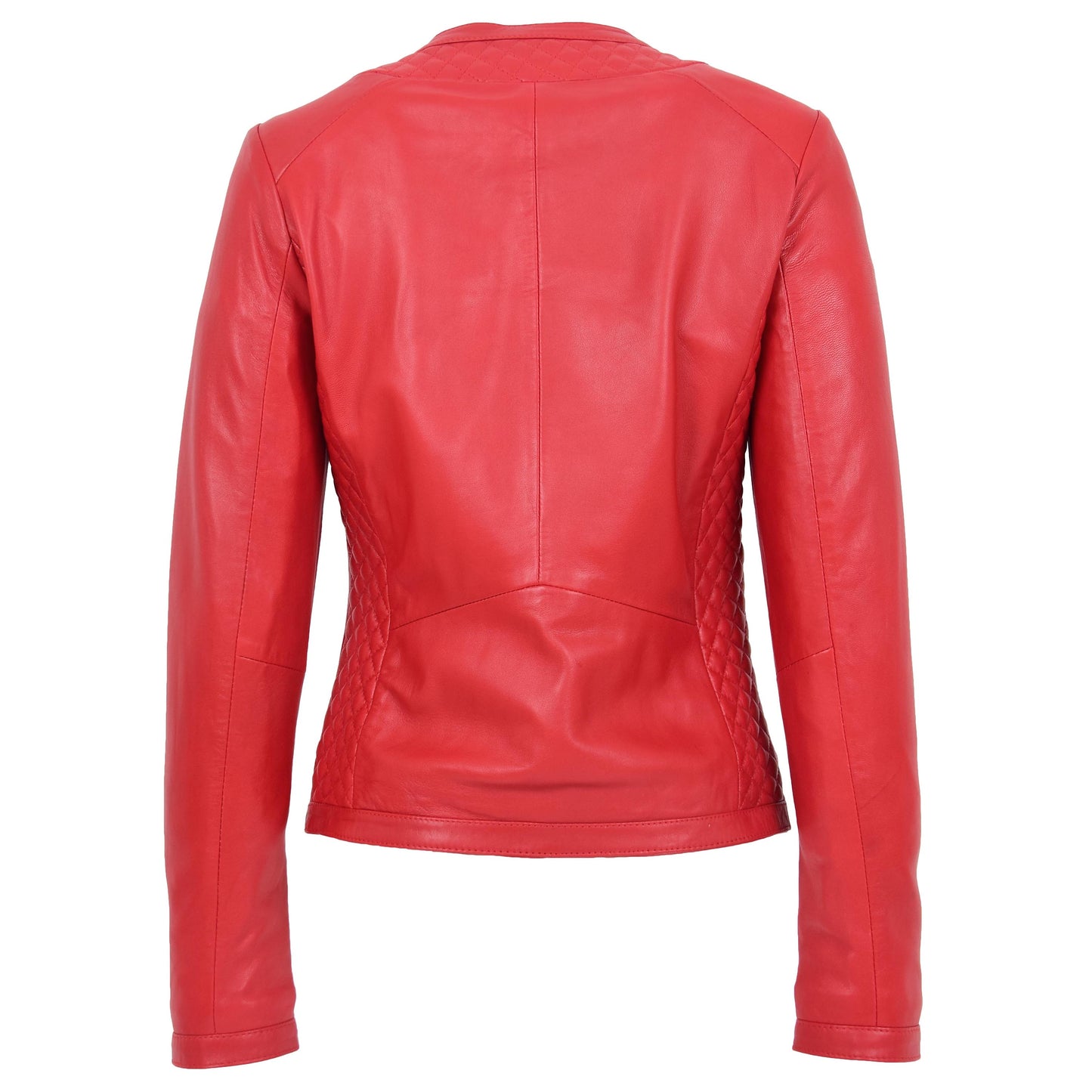 Womens Leather Collarless Jacket with Quilt Design Joan Red 1