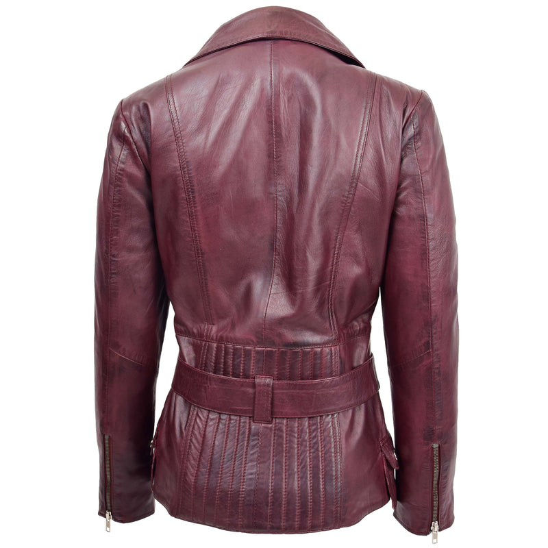 Womens Leather Hip Length Biker Jacket Celia Burgundy 1