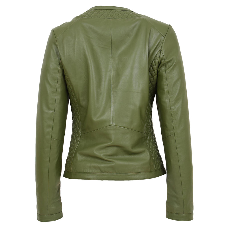 Womens Leather Collarless Jacket with Quilt Design Joan Olive Green 1