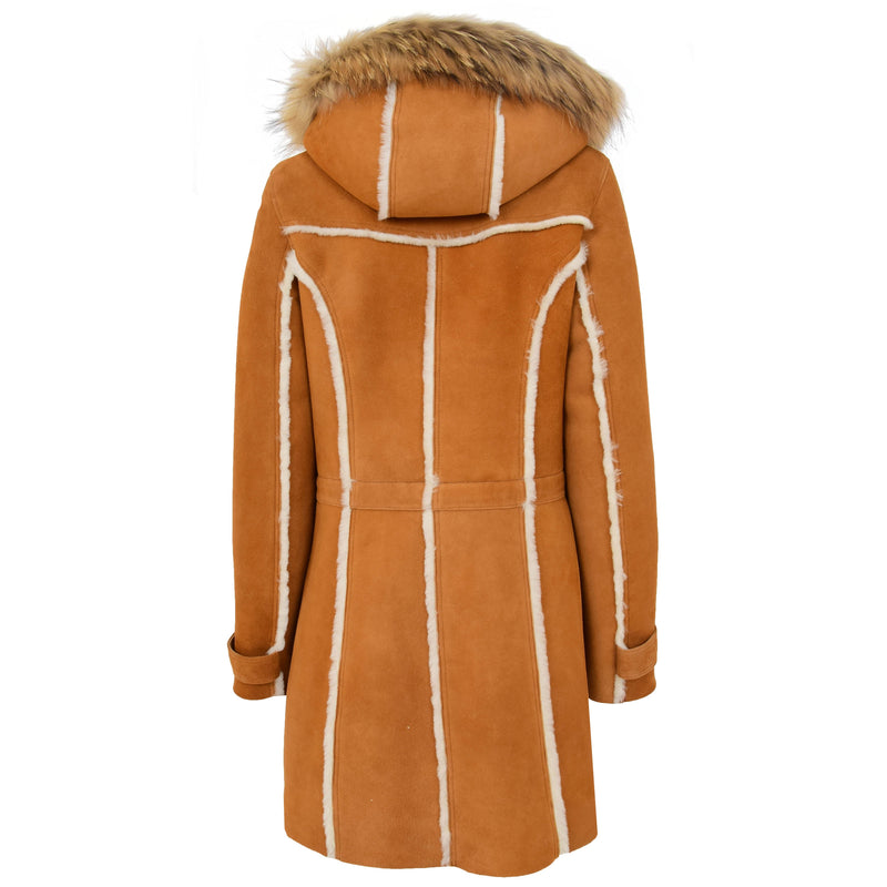 Womens Sheepskin Duffle Coat 3/4 Length Parka Beth Tan White 1