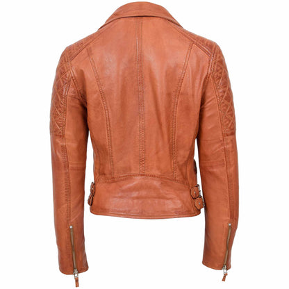 Womens Cross Zip Biker Leather Jacket Claudia Cognac 1