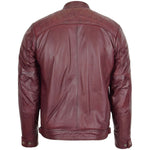 Mens Biker Leather Jacket Standing Collar Bowie Burgundy 1