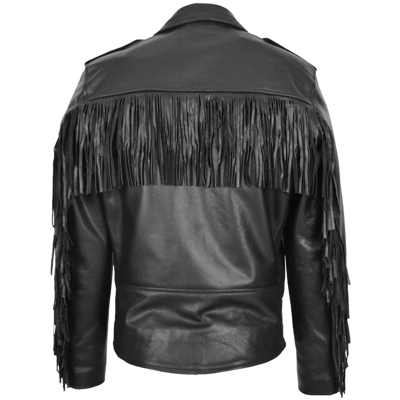 Mens Biker Brando Leather Jacket with Fringes Wayne Black 1