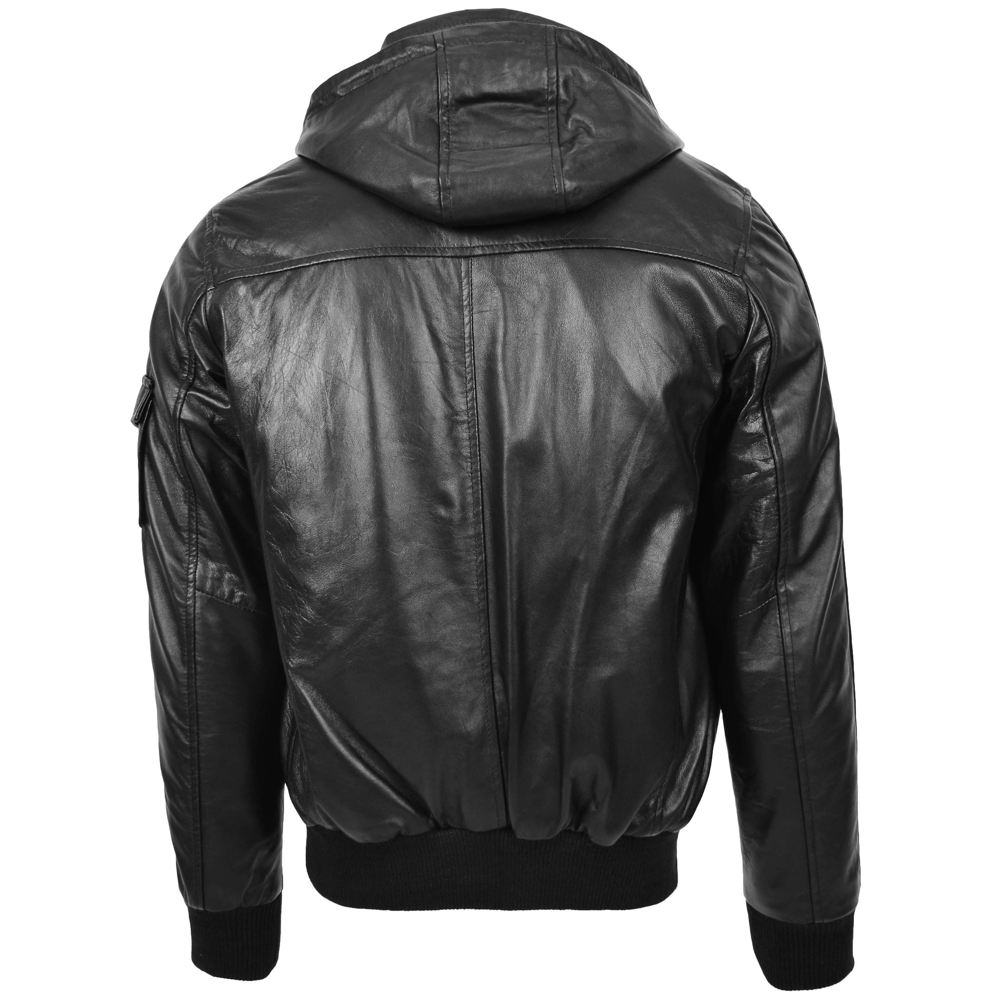 Mens Leather Bomber Jacket with Hoodie Bronx Black 1