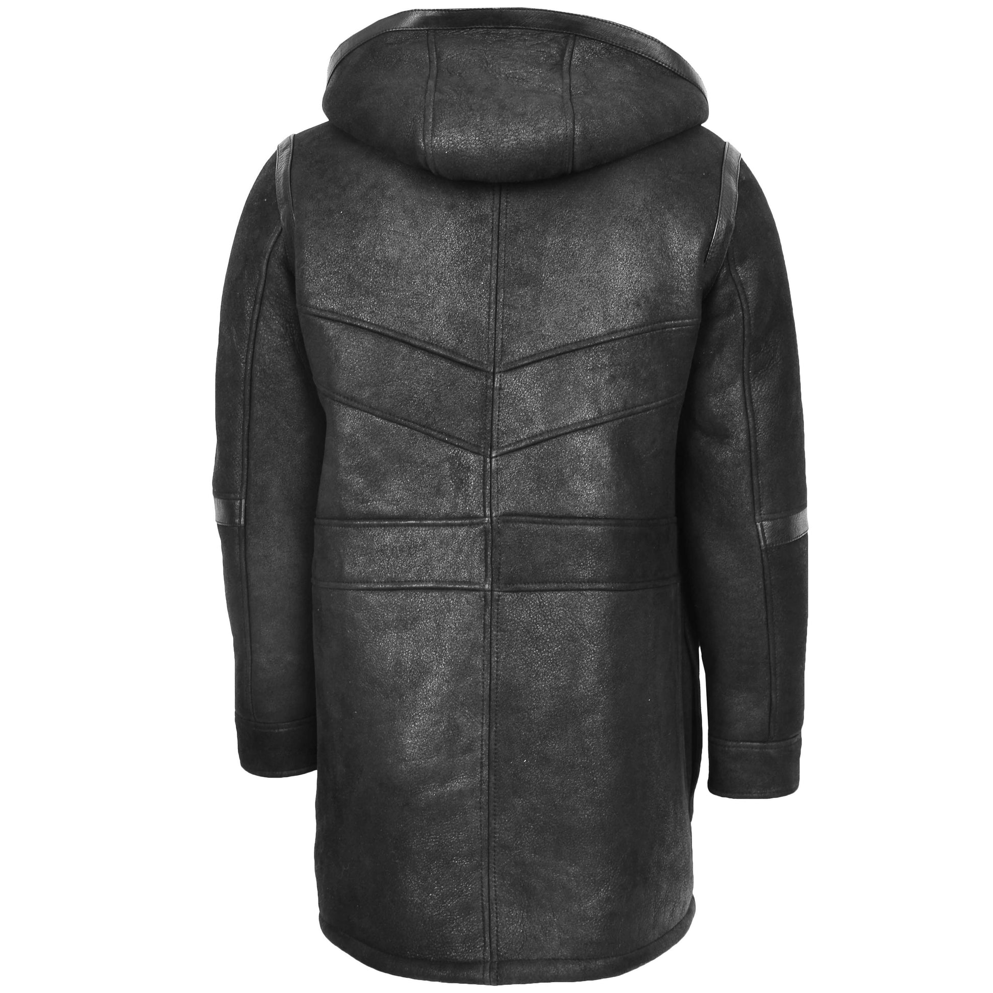 Mens Real Sheepskin Winter Duffle Coat Bain Black 1