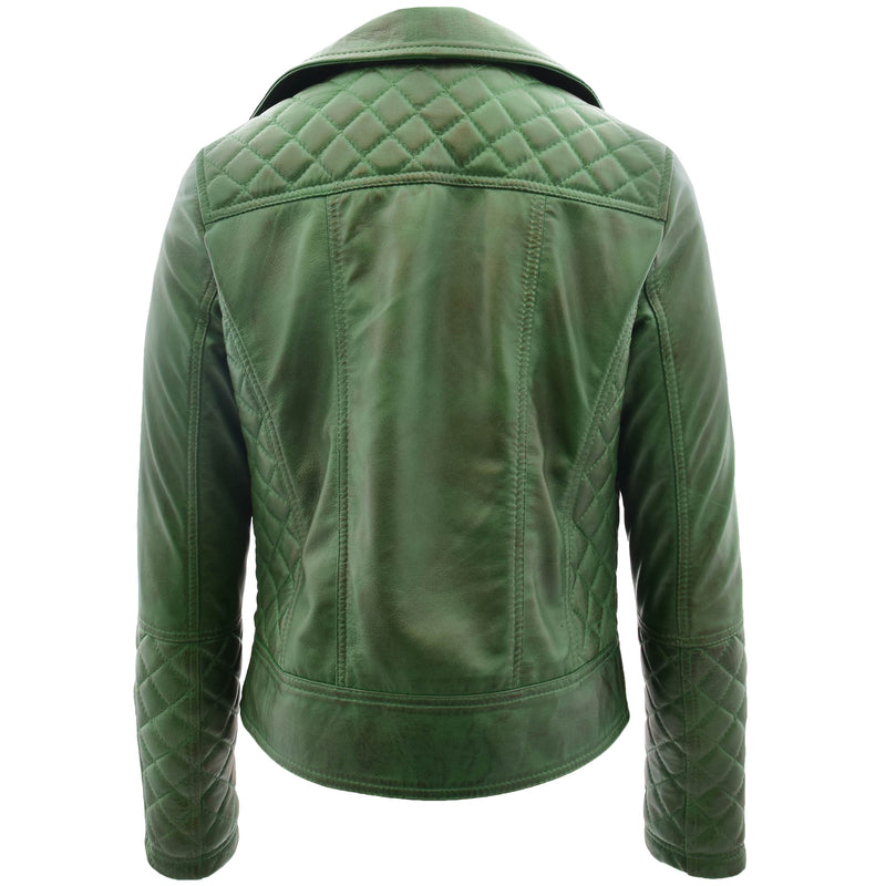 Womens Leather Biker Jacket with Quilt Detail Ziva Green 1