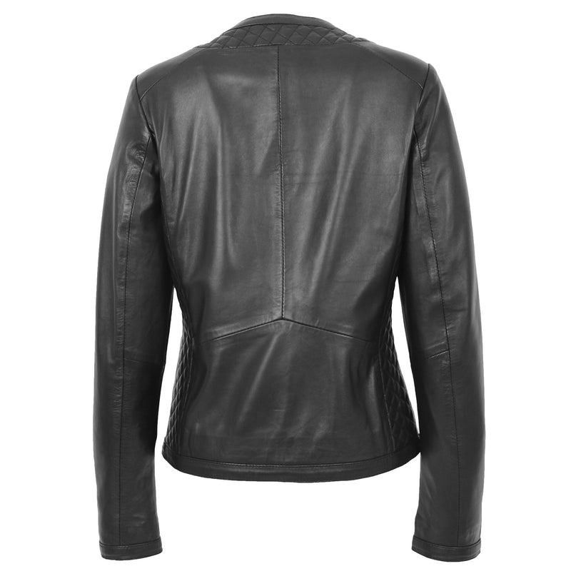 Womens Leather Collarless Jacket with Quilt Design Joan Black 1