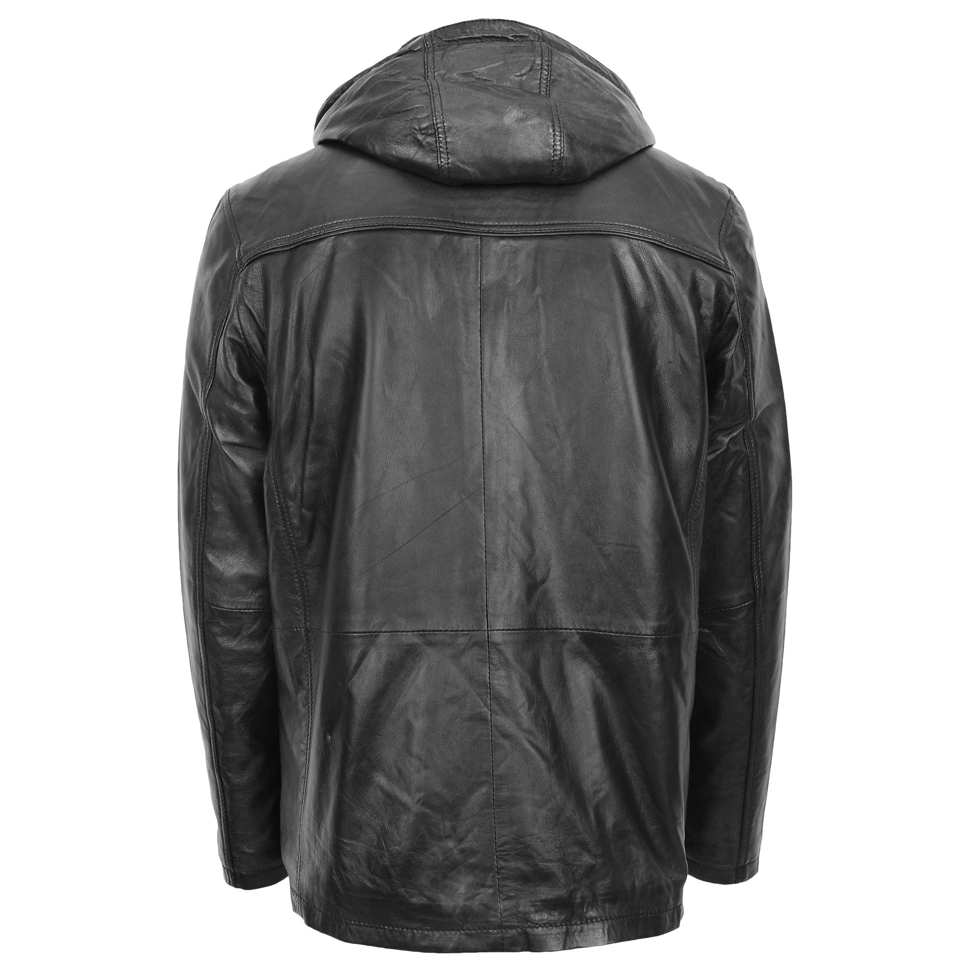 Mens Leather Parka Detachable Hoodie Logan Black 1