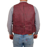 Mens Button Fastening Leather Waistcoat Nick Burgundy back