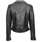 Womens Real Leather Biker Jacket Studded Brando Jacket Heidi Black 1