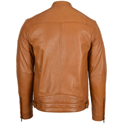 Mens Leather Cafe Racer Biker Jacket Ron Tan 1