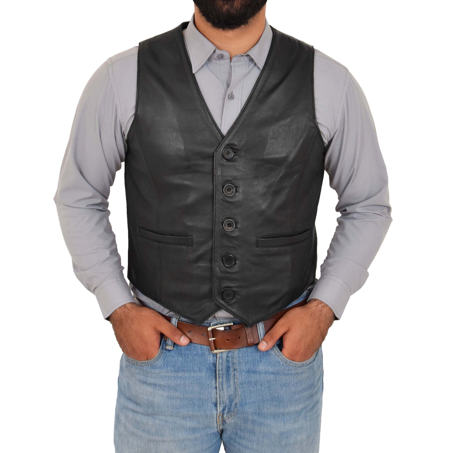 mens black leather waistcoat