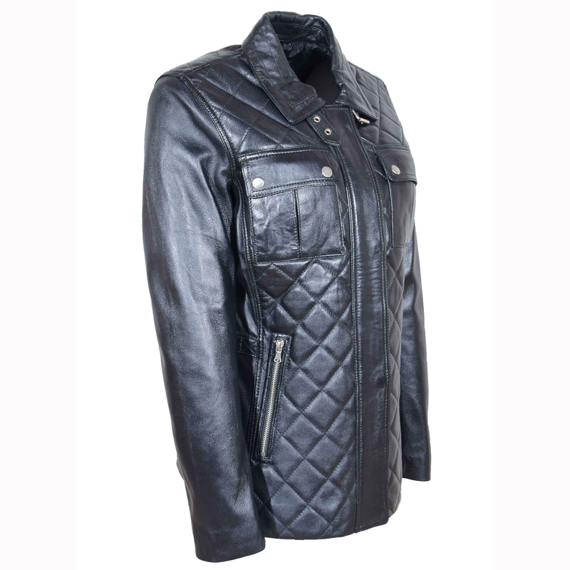 Womens Real Leather Modern Jacket Zip Pockets Quilted ZINA Black 4
