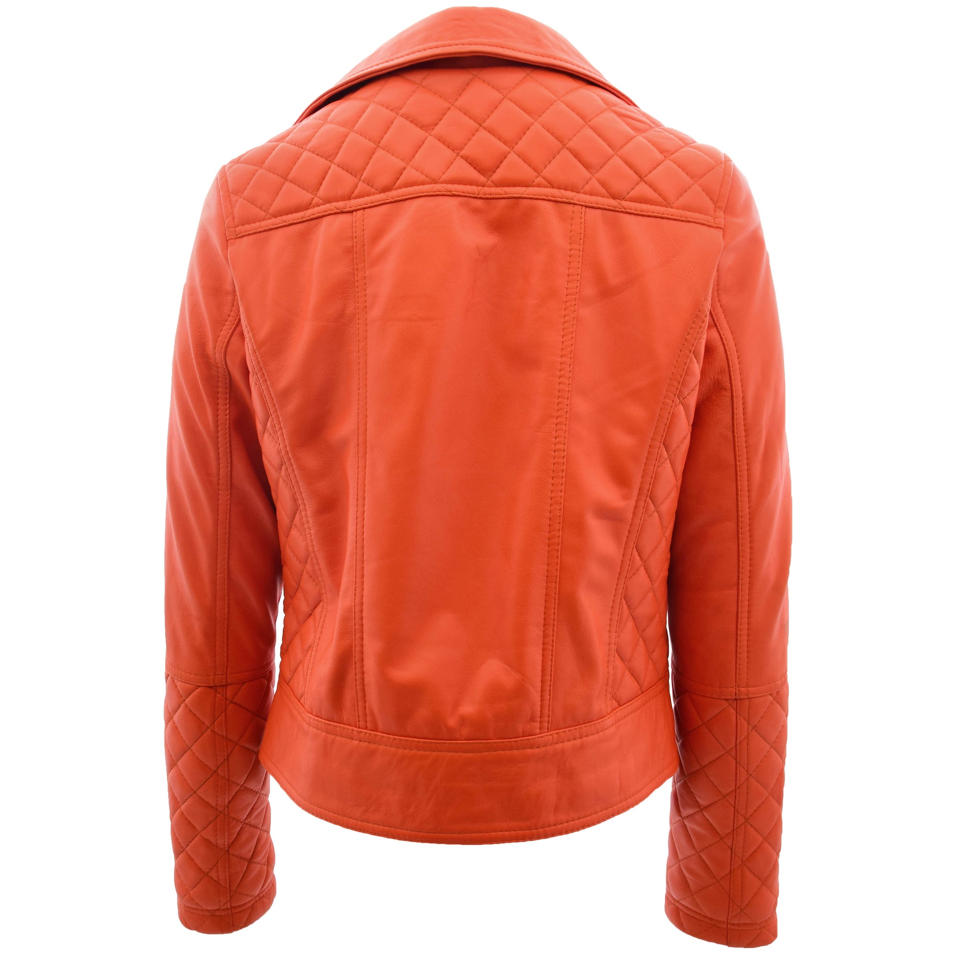 Womens Leather Biker Jacket with Quilt Detail Ziva Orange 1