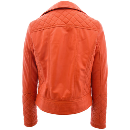 Womens Leather Biker Jacket with Quilt Detail Ziva Orange 1