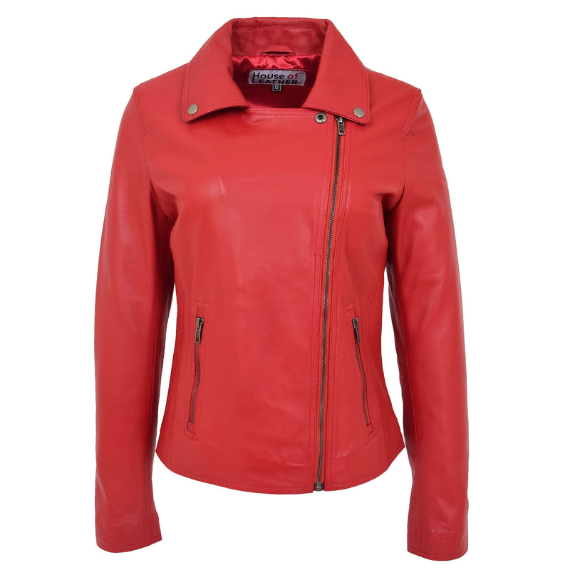 Womens Soft Leather Cross Zip Biker Jacket Lola Red 2