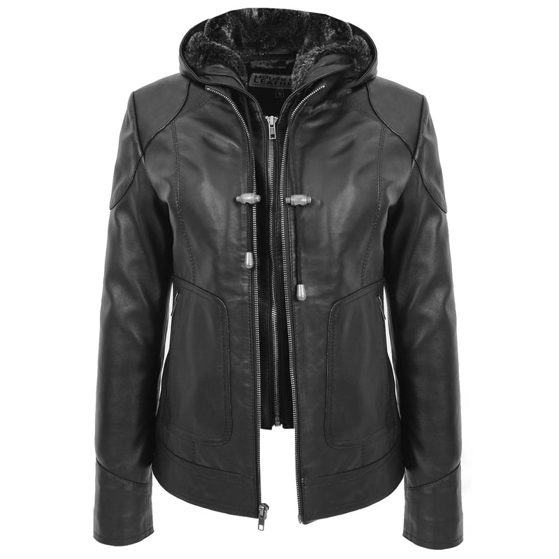 Womens Leather Detachable Hooded Coat Brooke Black 2
