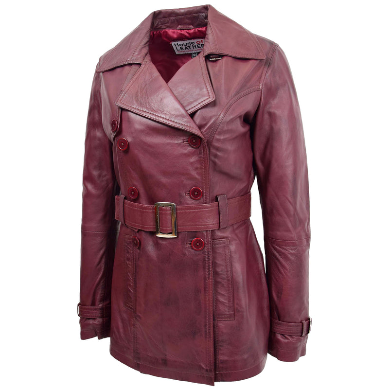 Womens Leather Double Breasted Trench Coat Sienna Burgundy 2