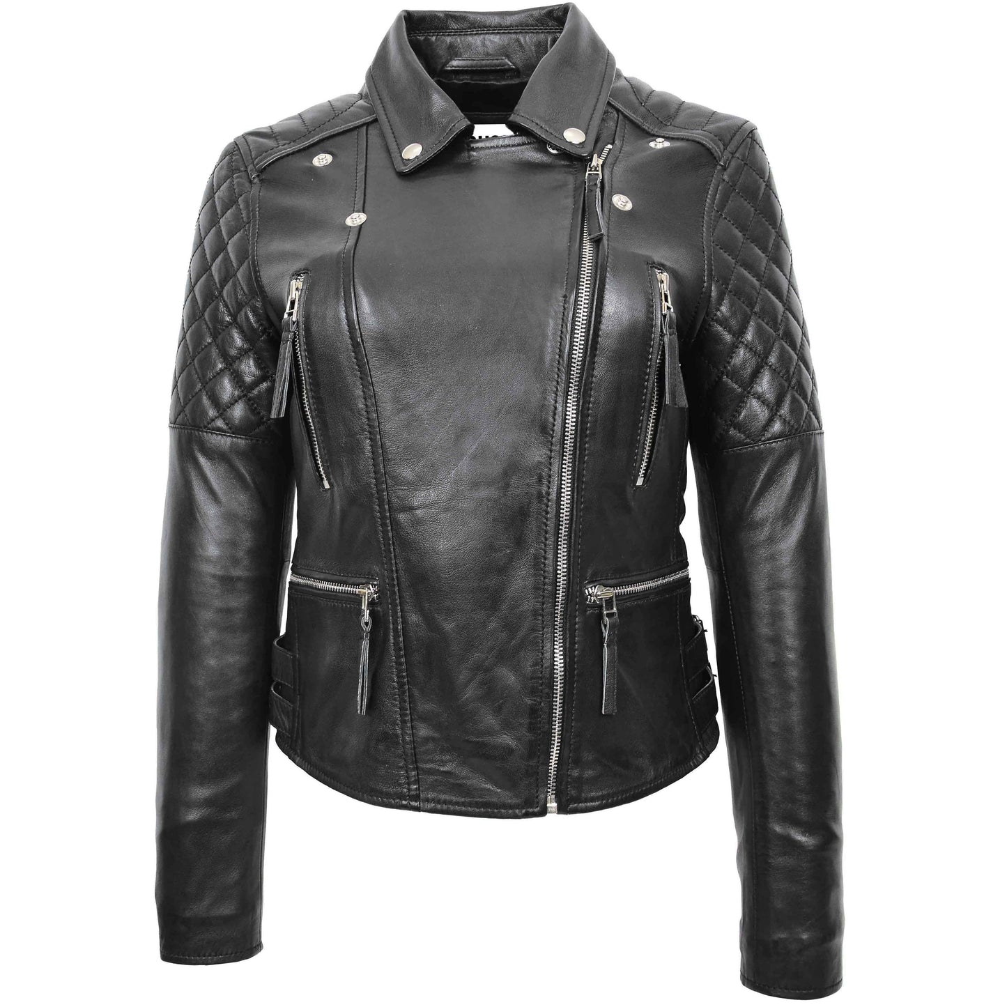 Womens Cross Zip Biker Leather Jacket Claudia Black 2