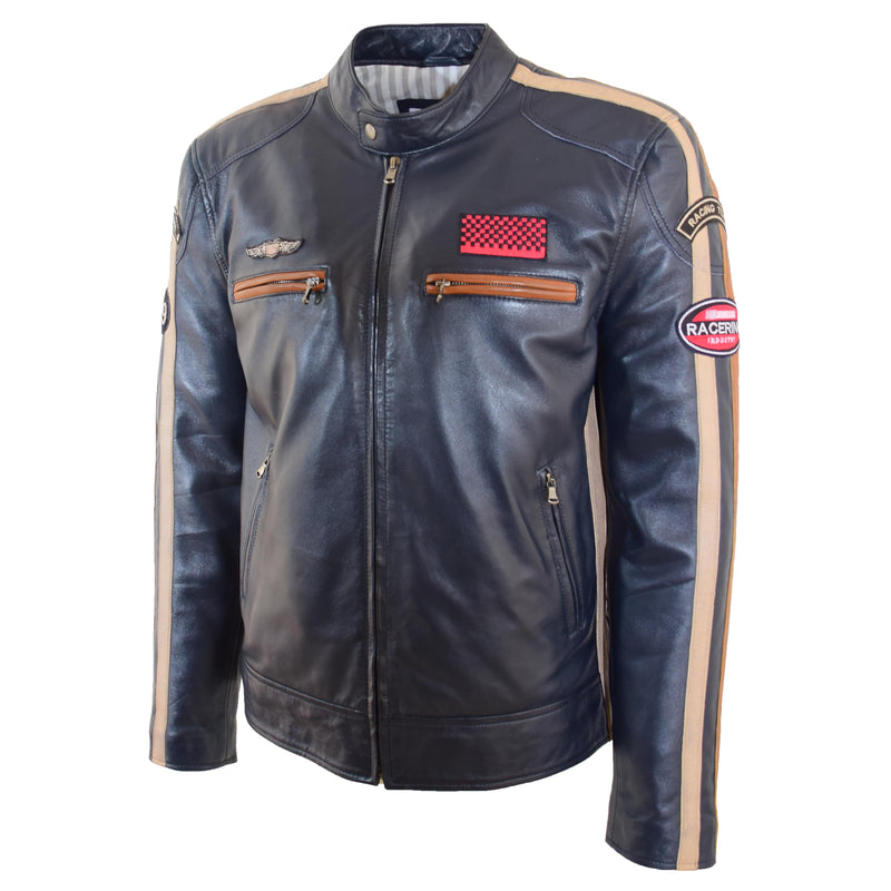 Mens Real Leather Biker Jacket Cafe Racer Style Badges TRON Navy 3