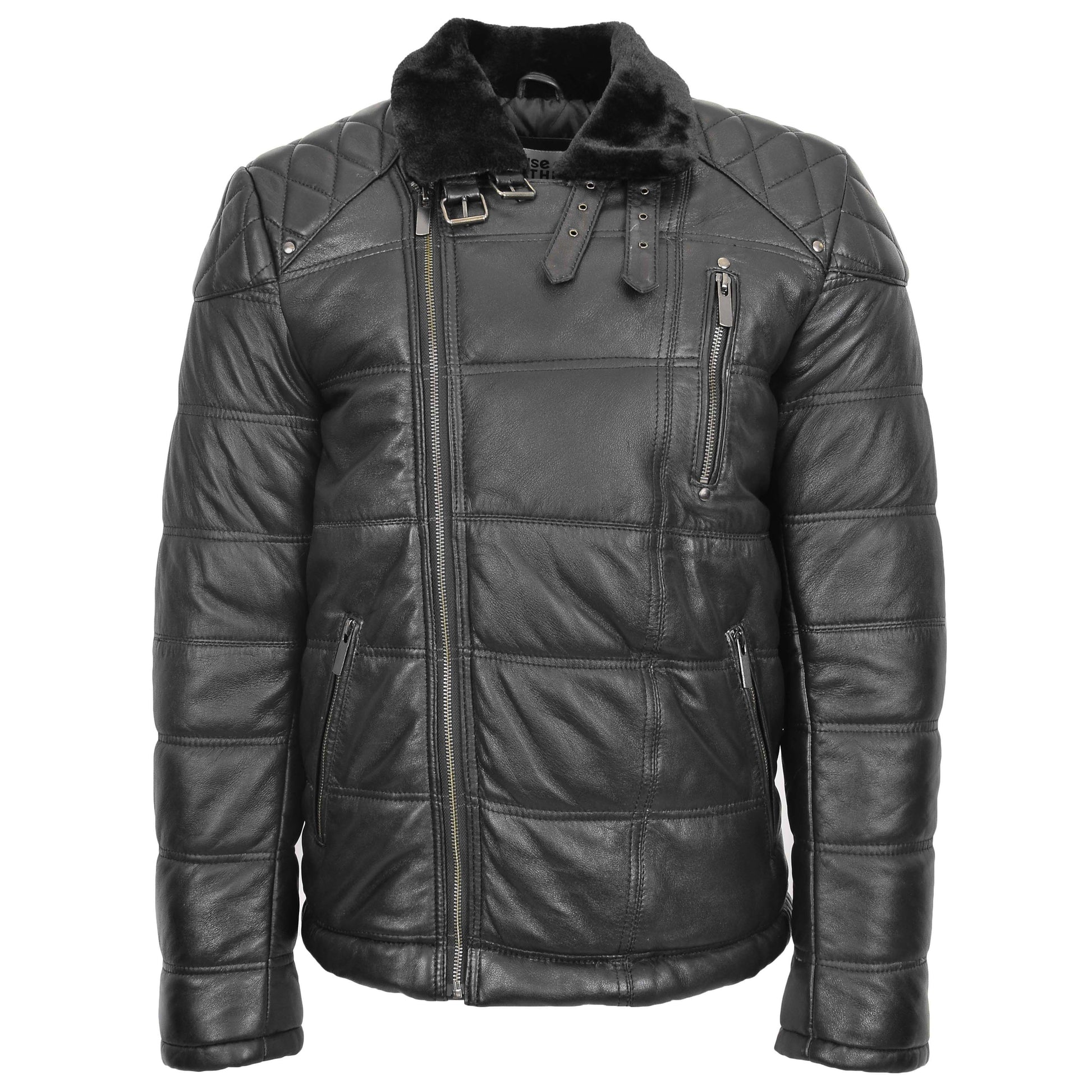 Mens Leather Biker Style Puffer Jacket Ronnie Black 2