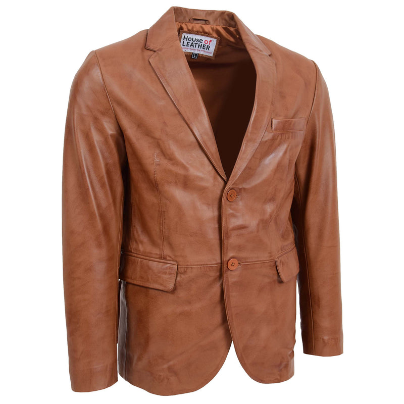 Mens Leather Blazer Two Button Jacket Zavi Tan 2