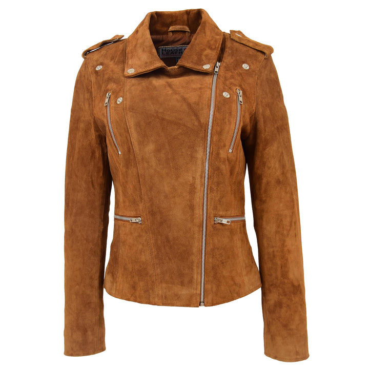Womens Suede Biker Style Zip Jacket Skylar Tan 2
