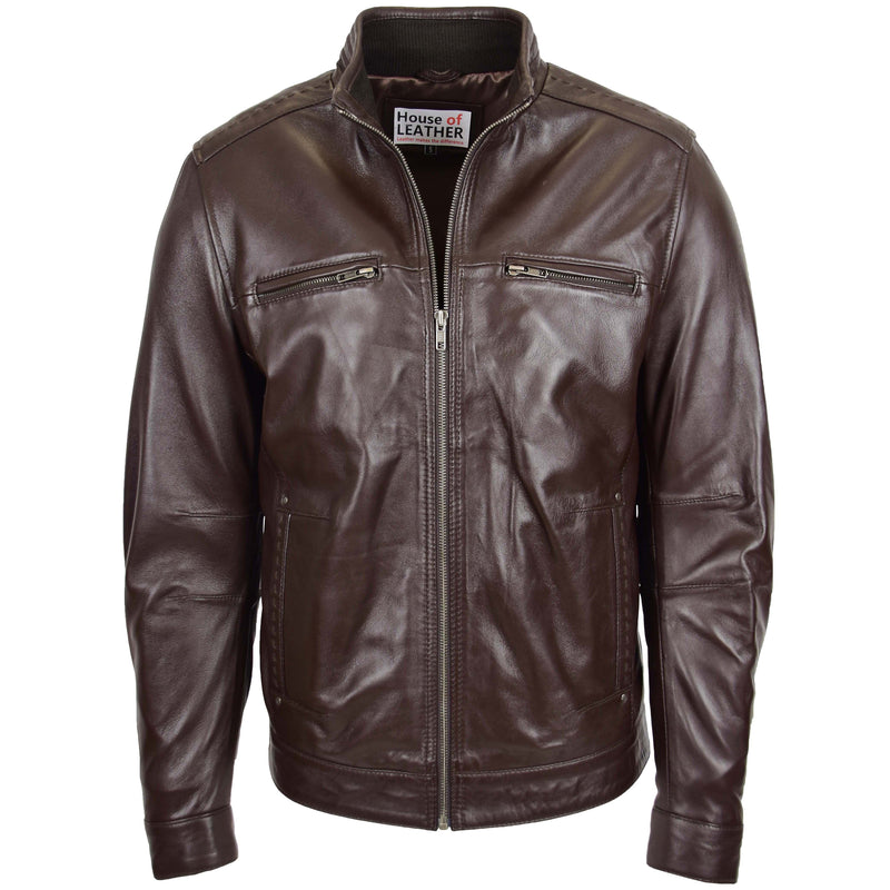 Men's Standing Collar Leather Jacket Brown | House of Leather