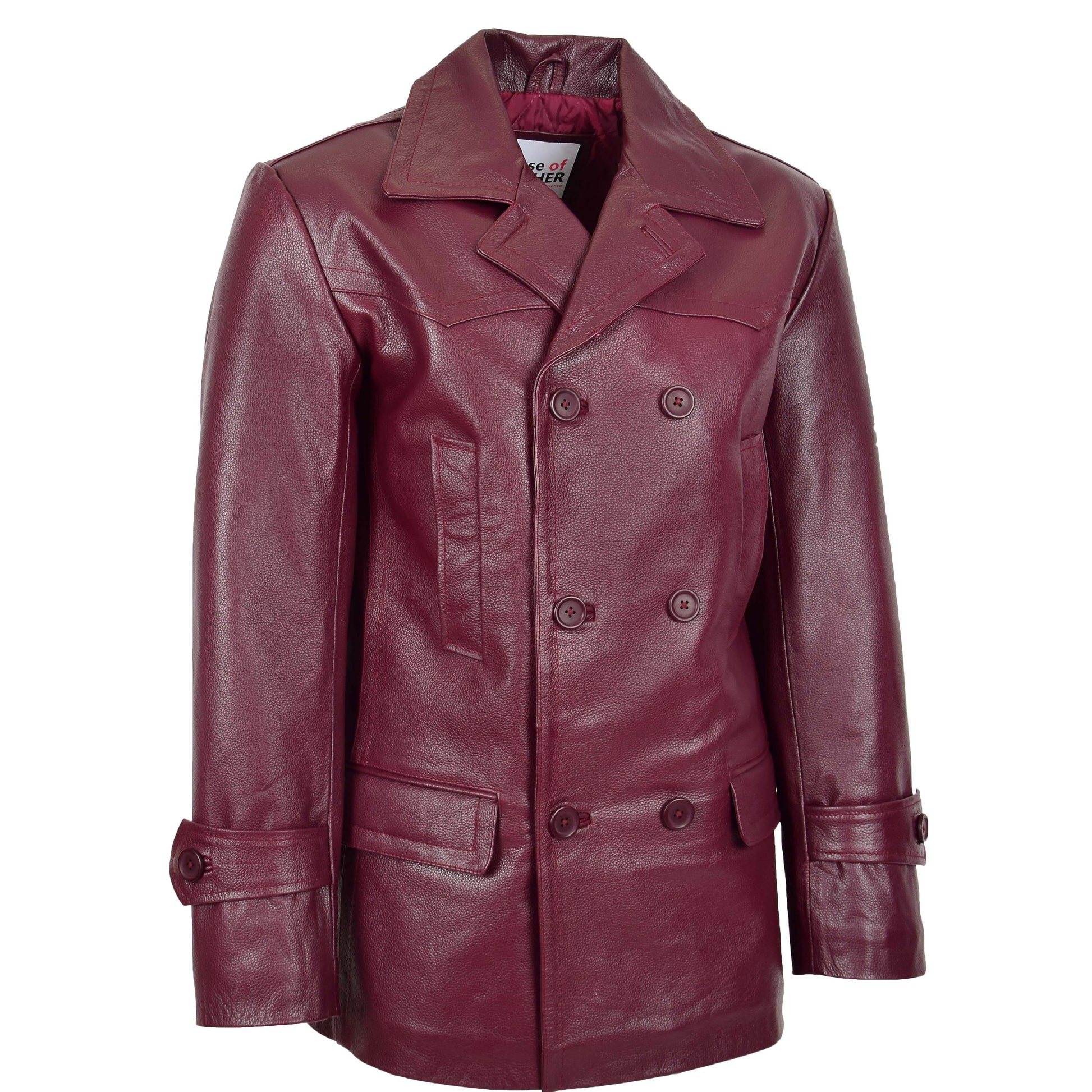 Mens Double Breasted Leather Peacoat Salcombe Burgundy 3