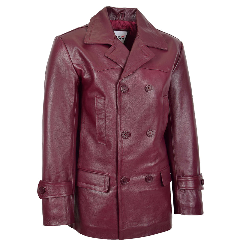 Mens Double Breasted Leather Peacoat Salcombe Burgundy 3