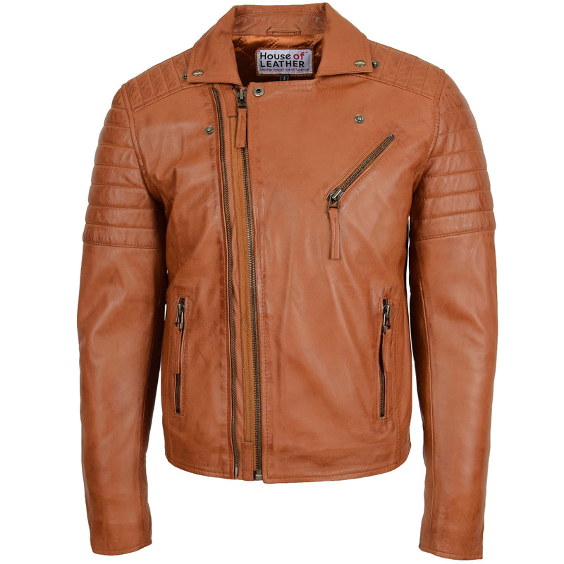 Mens Biker Leather Jacket Dual Zip Hook Tan 2