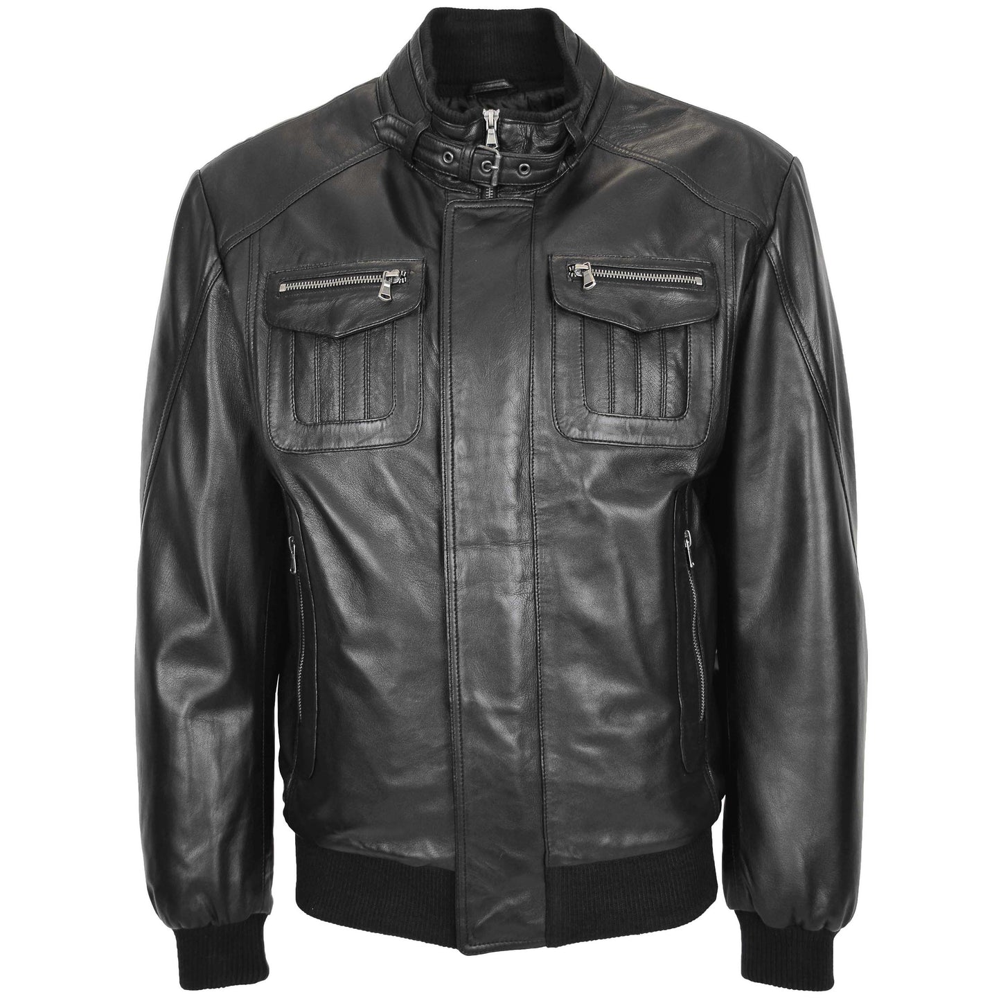 Mens Leather Bomber Flight Jacket Tom Black 2